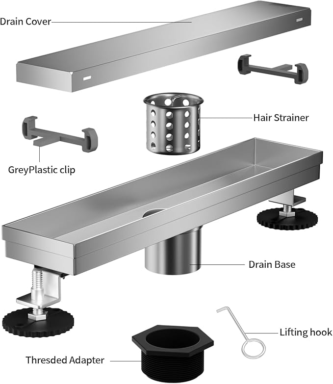 Linear Shower Drain, 304 Stainless Steel with Adjustable Leveling Feet, Hair Strainer,Reversely Install Place to Create an Invisible Floor Drain - Silver -12-Inch