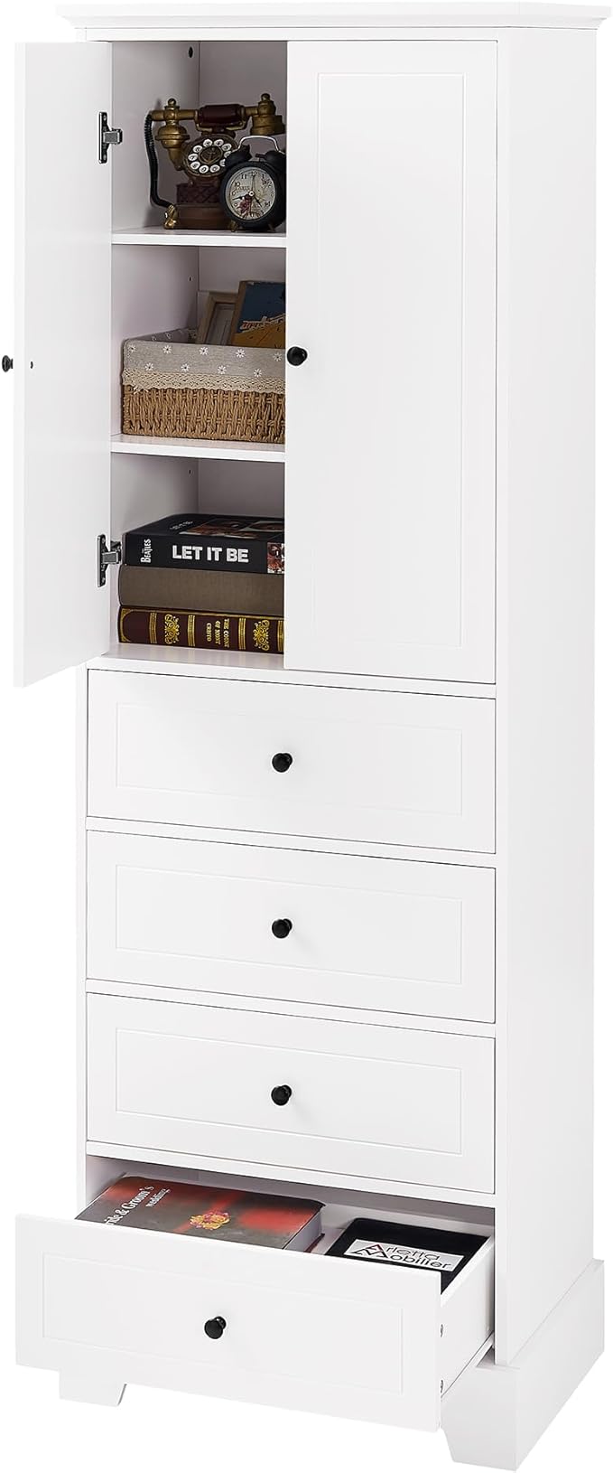 Favfurish 68" Tall Bathroom Storage Cabinet with Doors and 4 Drawers,Modern Linen Cabinets w/Adjustable Shelves & Anti-Tipping Device,Freestanding Organizer for Bath Room,Study,Office,Kitchen White