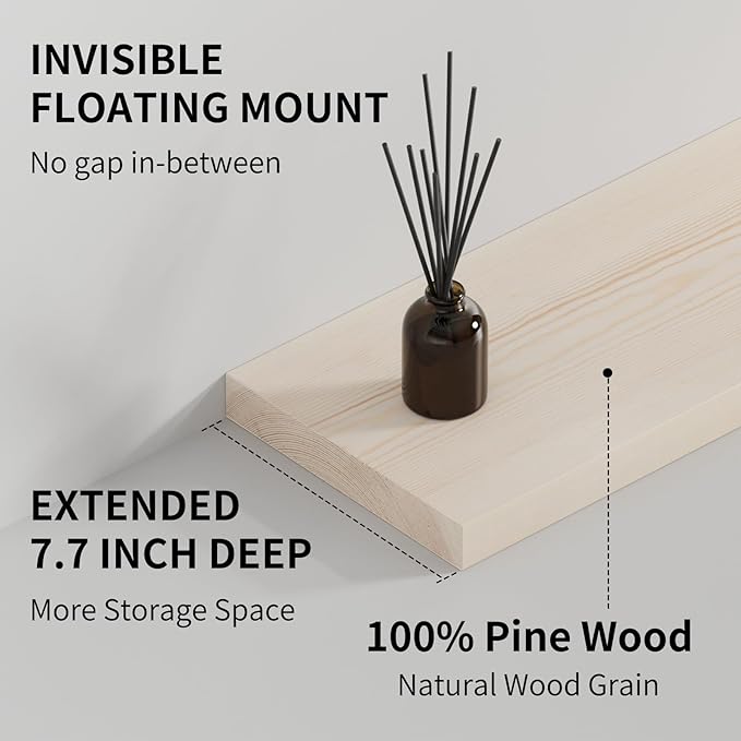SAUMONIERES Floating Shelves 8 Inch Deep Solid Wood Wide Wall Shelf Set of 2 Wall Mounted for Bedroom Bathroom Living Room Kitchen, 24 Inch Natural