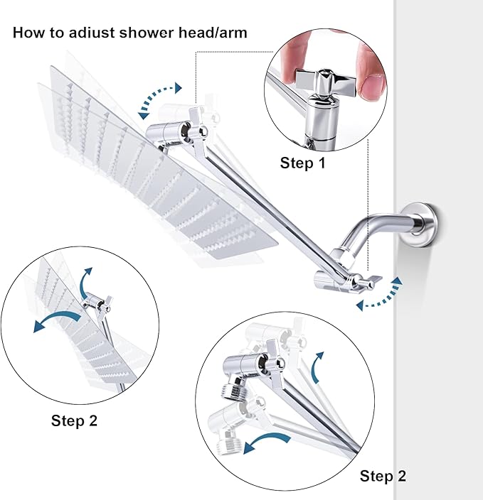 Heavy Duty Adjustable Shower Arm, 11" Brass Extension with Gear Lock Teeth & Swivel Nut, Strong Load Support, No Sagging, Keeps Shower Head Straight, Leak-Free, G1/2 Universal (Chrome)
