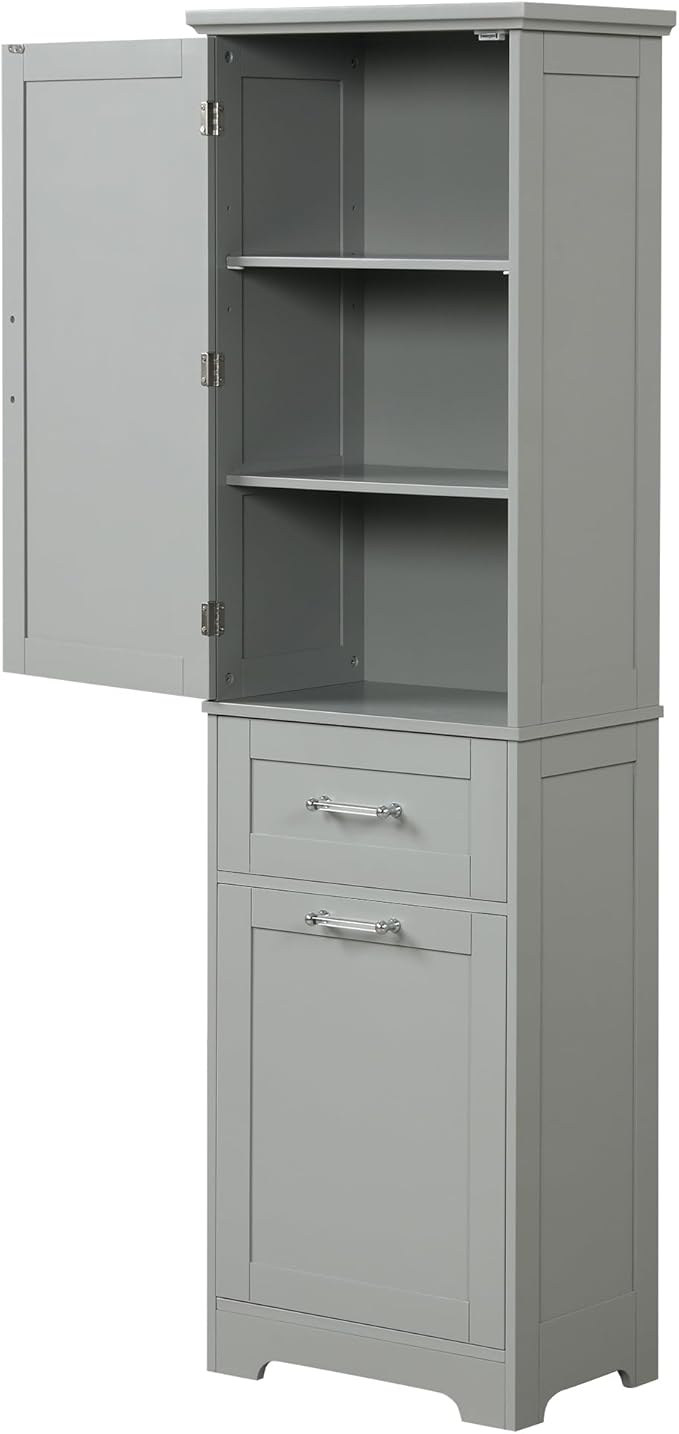 Favfurish 68" Tall Bathroom Storage Cabinet with Door and 2 Drawer,Modern Linen Cabinets w/Adjustable Shelf & Magnetic Door Stopper,Freestanding Organizer for Bath Room,Study,Office,Kitchen Grey