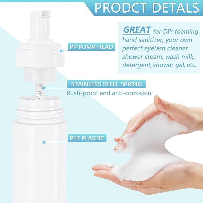 Foam Pump Bottle 200ml/6.8oz Empty Plastic Foam Dispenser Pump Bottle Travel Large Refillable BPA Free Lotion Bottles for Shampoo Shower Hand Soap Foaming (4 Pack) White