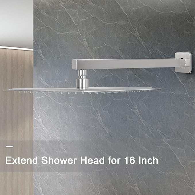 HarJue Shower Arm, Rain Shower Head Extension Extender, With Flange and Teflon Tape, Made of Thicken Stainless Steel for Bathroom Rainfall Shower (16 Inch, Brushed Nickel)