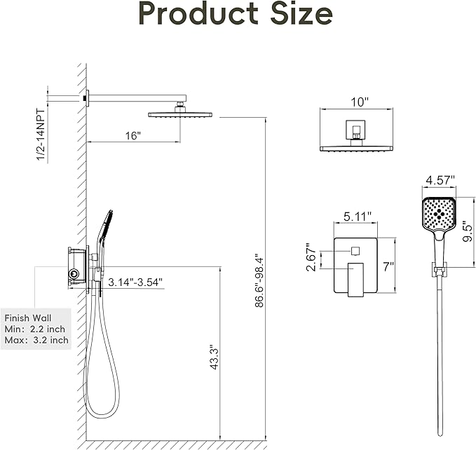 Gabrylly Shower System, 10 Inches Rain Shower Heads with Handheld Spray Combo, Wall Mounted Shower Faucets Sets Complete with Shower Valve Kit, Shower Head and Handle Set, Matte Black