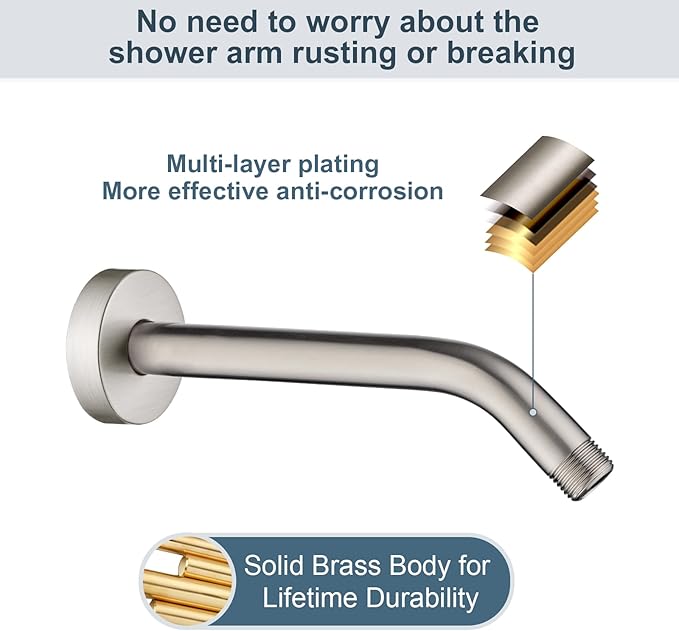 BRIGHT SHOWERS Shower Arm with Flange 10 Inches Solid Brass Shower Head Extension Arm, Wall Mounted Shower Pipe Arm for Rainfall Shower Head and Handheld Showerhead, Brushed Nickel