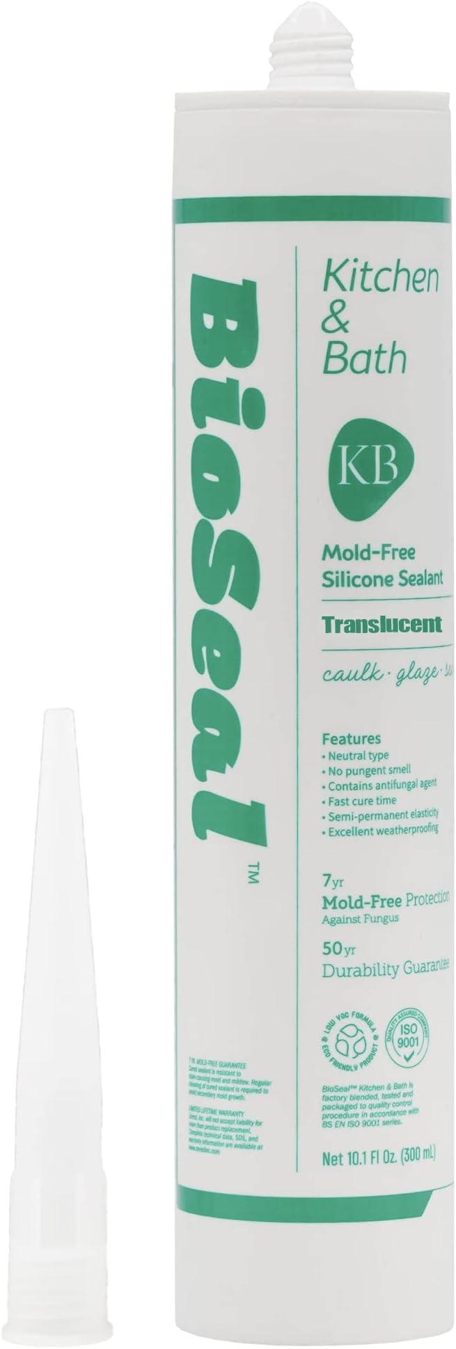 Translucent BioSeal 100% Silicone Sealant Caulk Kitchen and Bath Grade, Waterproof and No Odor No Color Change 10.1 Ounce Cartridge, Clear Translucent