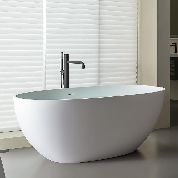 SJ STAR&JANE 69" Solid Surface Freestanding Bathtub,Matte White Stone Resin Soaking Tub, Modern Stand Alone Tub for Bathroom, Integrated with Overflow & Pop-up Drain