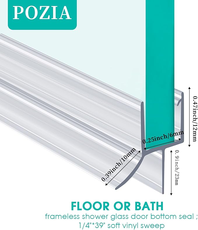 POZIA Clear Frameless Glass Shower Door Bottom Seal | Shower Door Sweep for Leak-Proof, Quick Installation to Create Reliable Water Barrier (1PACK-3/8in-23mm Gap)
