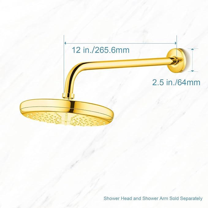 OFFO Shower Arm with Flange, 12 in Bright Gold Wall Mount Replacement Angle Shower Head Arm Wall-Mounted For Fixed Shower Head & Handheld Showerhead