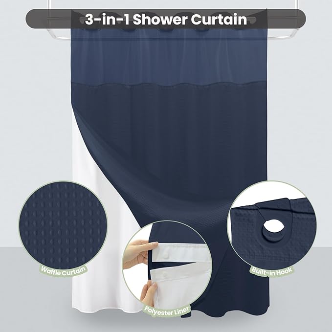 Inhousolu No Hook Shower Curtain with Snap in Fabric Liner Set Waffle Weave 230GSM Weighted Hem, Waterproof & Washable Bathroom Curtain Spa Luxury with Mesh Top Window 72" W x 72" L Navy Blue