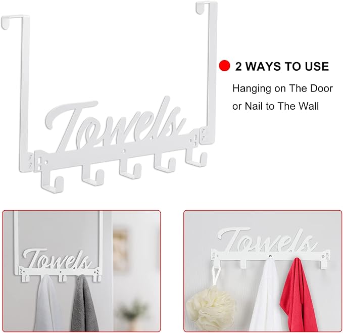 Over The Door Hooks, Towel Rack for Bathroom & Bedroom, Heavy Duty Over Door Towel Hanger with 5 Coat Hooks, White