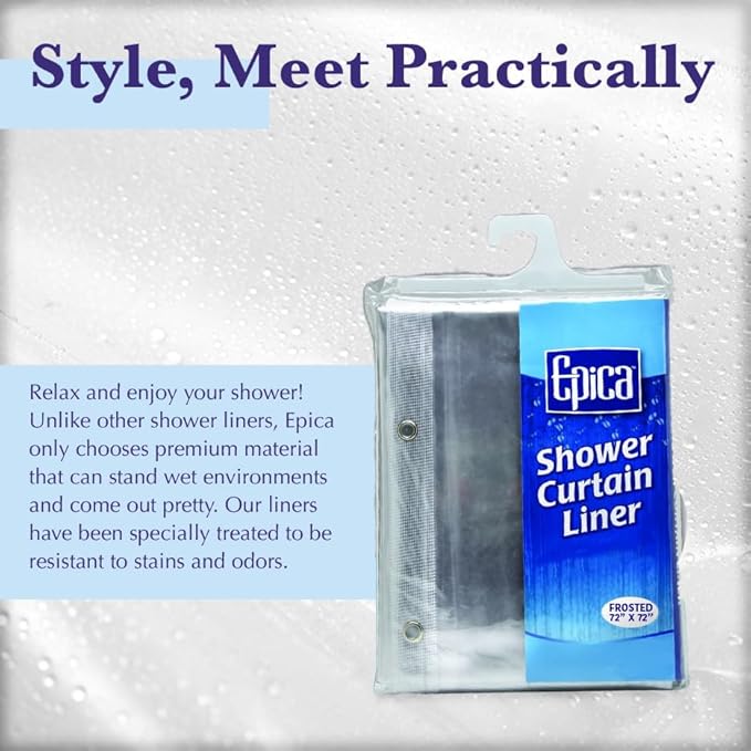 Epica Shower Curtain – Strongest Heavy-Duty Clear Vinyl 72x72 Shower Curtain Liner – Stain & Soap Scum Resistant with Rust-Proof Metal Grommets (Frosted)