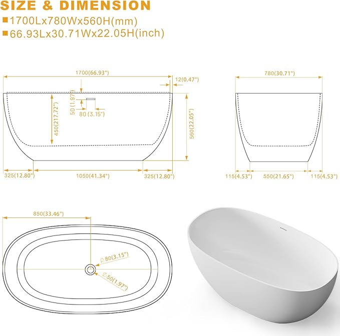 Stone Resin Freestanding Bathtubs,Soklawah 67" Solid Surface Luxury Soaking Tub,Oval Stand Alone Bathroom Bath tub with Drain & Integrated Slotted Overflow,Matte White Elegant Soaker Free Standing Tub