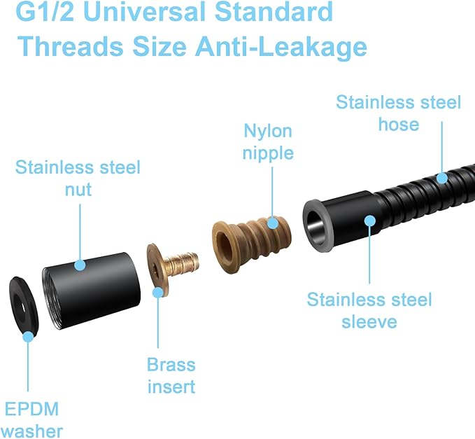 OFFO Shower Hose High Flow 0.43” Large Bore, Kink Free Stainless Steel Shower Head Hose Replacement G1/2”, Leak-proof Extra Long Flex Handheld for Pet Bathing Cleaning, 60 in Matte Black
