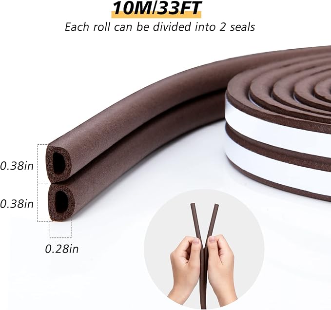 SUNMON Weather Stripping Door Seal Strip, 33Feet (10M) D-Type Soundproofing, Self Adhesive Foam Weatherstrip for Door and Window (Brown)