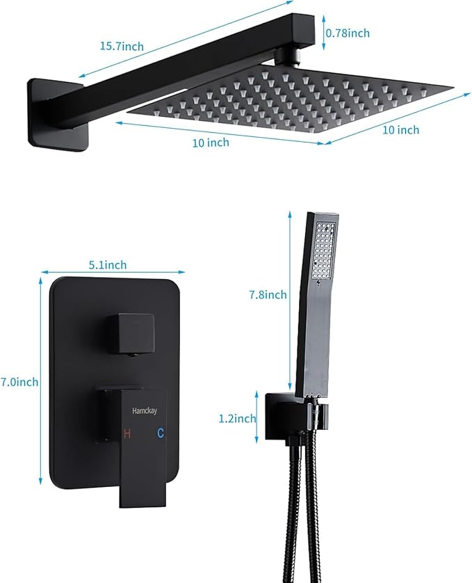 10 Inch Matte Black Shower Faucet Set with Rain Shower Head and Handheld Spray, Wall Mounted Rainfall Shower Head with Handheld Combo, Bathroom luxury Shower System with Valve and Trim