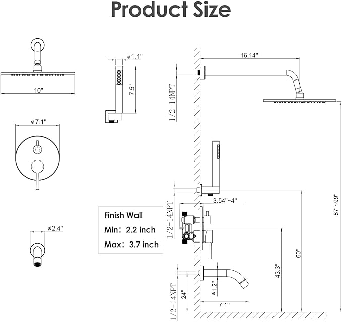 Gabrylly Bathtub Shower Faucet Set, Tub Shower System with 3-Way Shower Valve, High Pressure 10" Rain Shower head with Handheld Spray Combo, Wall Mounted Rainfall Shower Head Set, Brushed Nickel