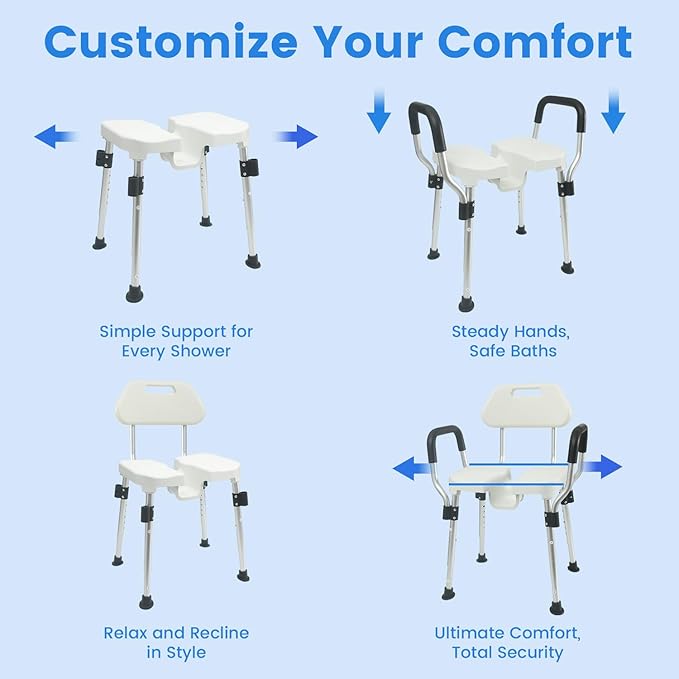 U-Shaped Shower Chair for Inside Shower, Heavy Duty Triple-Bar Base Reinforcement, with Arm and Back for Elderly and Disabled, Adjustable Height, Effortless Personal Hygiene Access