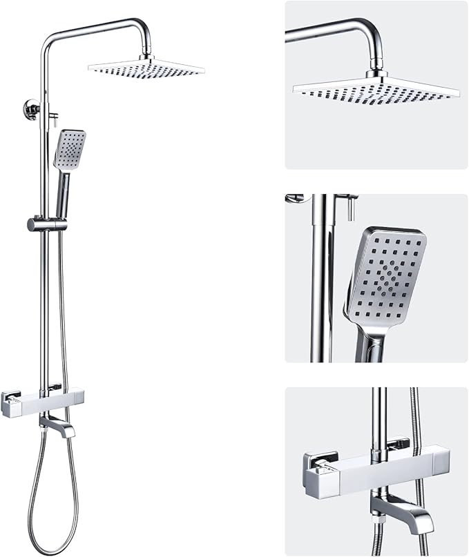 Shower Faucet Set 8" Square Shower Head 3 Function Thermostatic Rainfall Shower Faucet Set Handheld Sprayer Tub Spout Polished Chrome with Height Adjustable Slide Bar