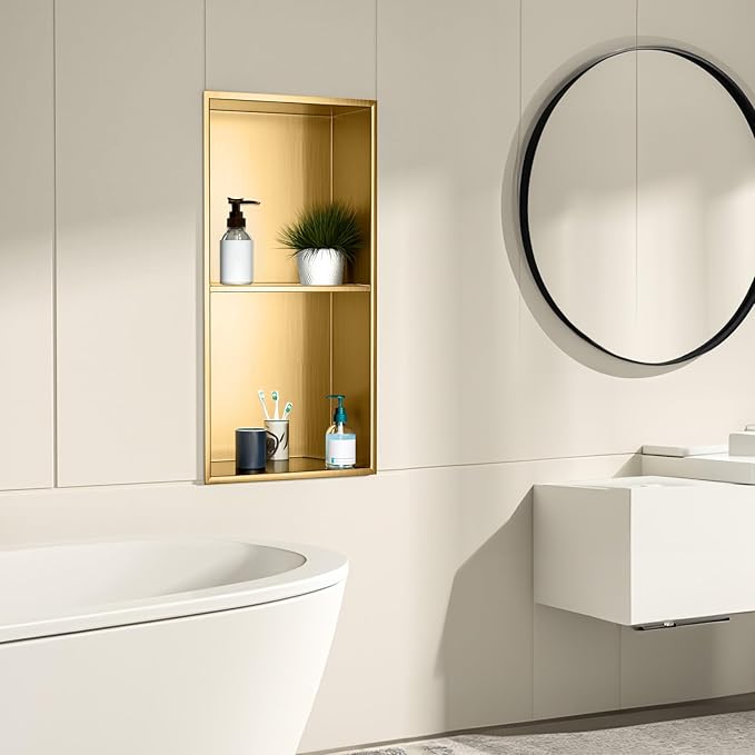 SaniteModar Shower Niche, Stainless Steel Shower Niche 12" X 24" No Tile Needed, Recessed for Bathroom Storage, Brushed Gold Double (Brushed Gold, 12x24,Double)