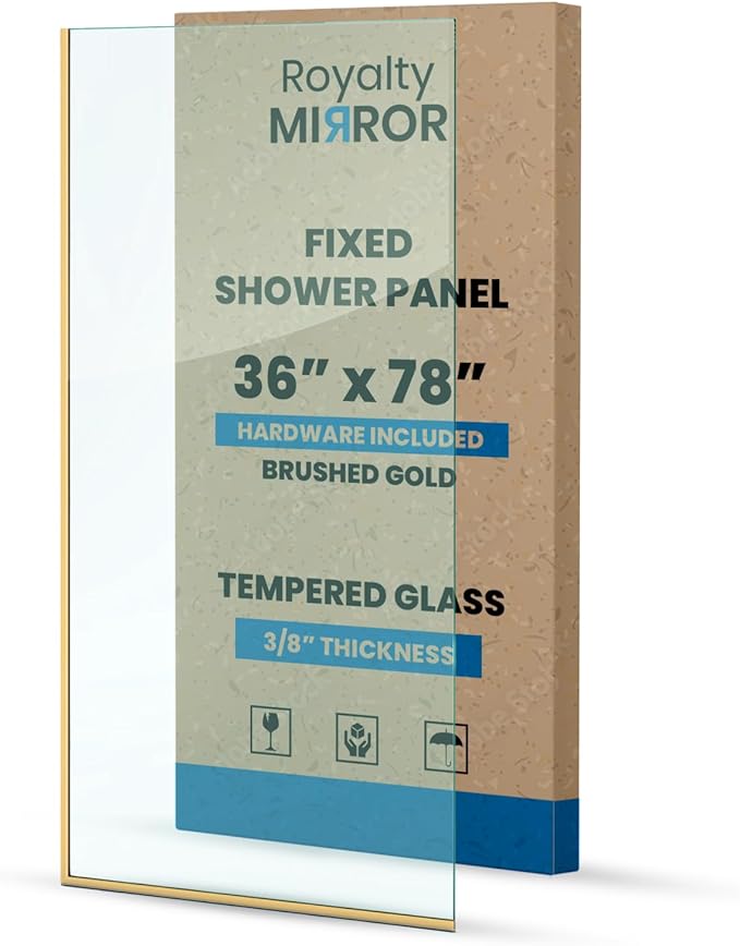 Royalty Fixed Shower Screen - 36" x 78" Frameless 3/8" Clear Tempered Glass Panel with Hardware - Easy Clean Smart Guard Coating - Minimalist Modern Design for Bathroom - Brushed Gold