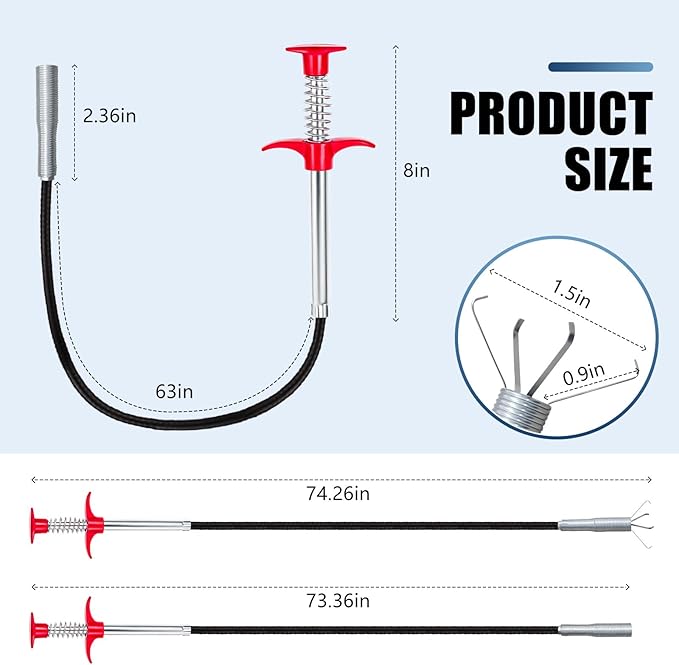 63'' Flexible Grabber Claw (4 Claws), Drain Snake with Tweezers, Bendable Hose Grabber Reacher Tool, Retractable Drain Clog Remover Tool, Pickup Tool for Bath Tub, Toilet, Kitchen Sink & Sewer