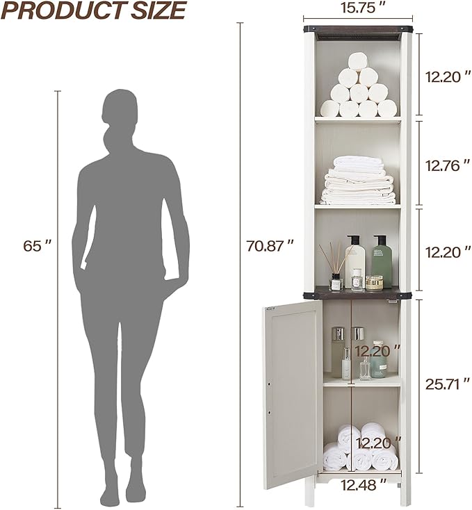 Bathroom Storage Cabinet, 5-Shelf Farmhouse Storage Cabinet with Barn Door&Adjustable Shelves, Bathroom Organizer for Living Room, Kitchen (Antique White)