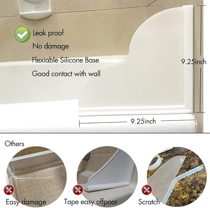 Shower Splash Guard Kit, Large Splash Guards for Bathtub Waterproof Self-Adhesive Shower Corner Guards to Keep Water in Shower or Bath, Pack of 2 (9.25 x 9.25 inches)