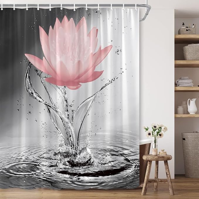 Lotus Shower Curtain Black White Grey Red Flower Elegant Blooming Floral with Dew Spring Flower Reflection on Water Modern Romantic Polyester Fabric Bathroom Decor 36×70 Inch with Hook