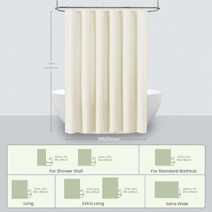 Inhousolu Fabric Shower Curtain Waffle Weave, 230 GSM Heavy Duty, Weighted Hem, 14 Metal Hooks, Water Repellent, Machine Washable, Hotel Spa Luxury Bath Curtain Set, 72 x 78 Inch, Ivory
