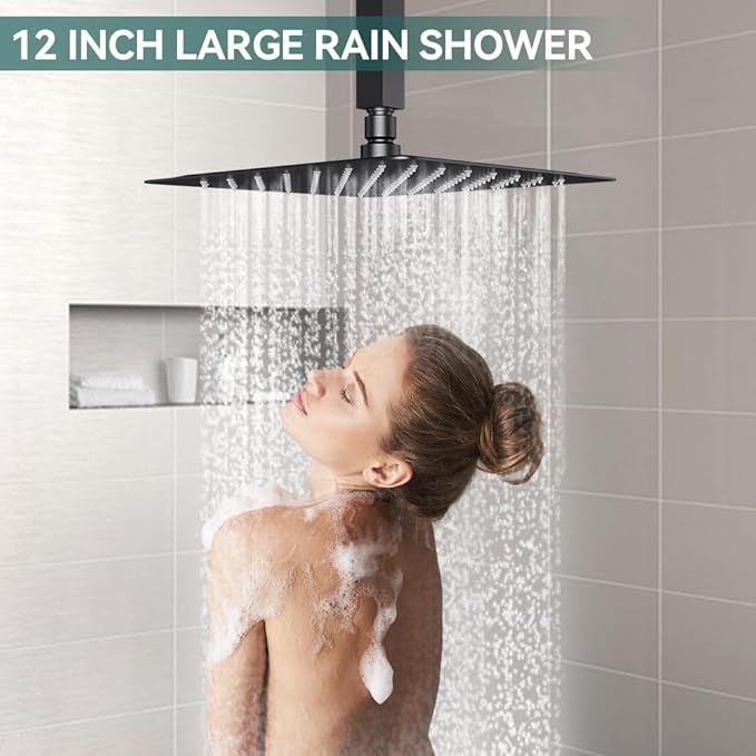 Shower Faucet Set Matte Black Shower System, Starbath 12" Rain Shower Head and Handheld Spray Shower Set Complete Ceiling Mounted,2 Way Pressure Balance Shower Valve and Trim Kit Included