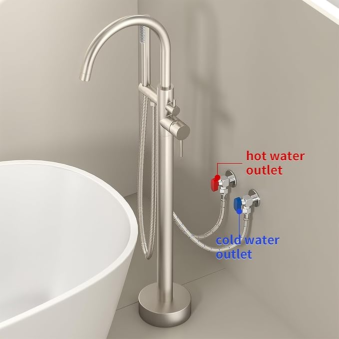 Freestanding Bathtub Faucet Waterfall Tub Filler Brushed Nickel Floor Mount Brass Single Handle Bathroom Faucets with Hand Shower (Brushed Nickel, Water in the side)