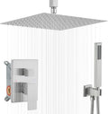 16 Inch Brushed Nickel Ceiling Mount Shower System Bathroom Luxury Rain Mixer Shower Combo Set Ceiling Rainfall Shower Head System Faucet Contain Rough-in Valve and Trim Included