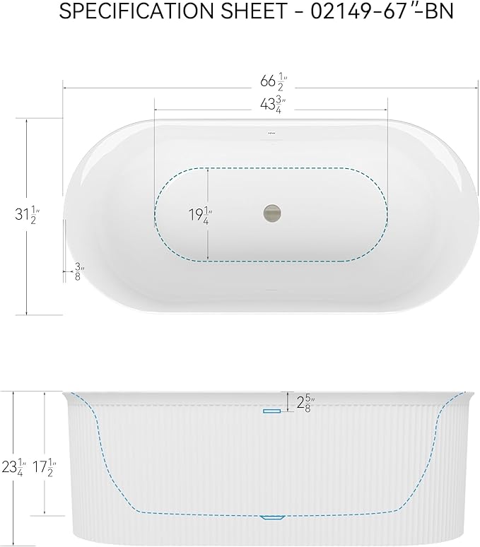 FerdY Nami 67" Acrylic Freestanding Bathtub, V Shape Freestanding Soaking Acrylic Bathtub, Modern White, Brushed Nickel Pop-Up Drain and Minimalist Design Overflow, cUPC Certified