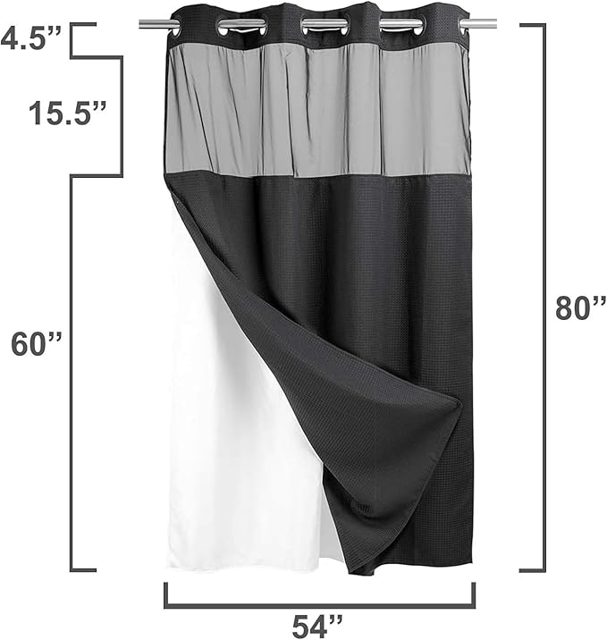 River Dream Heavyweight No Hooks Required Dotted Waffle Weave Shower Curtain with Snap in Liner -Stall 54W x 80H,Hotel Grade,Spa Like Bath Curtain,Black