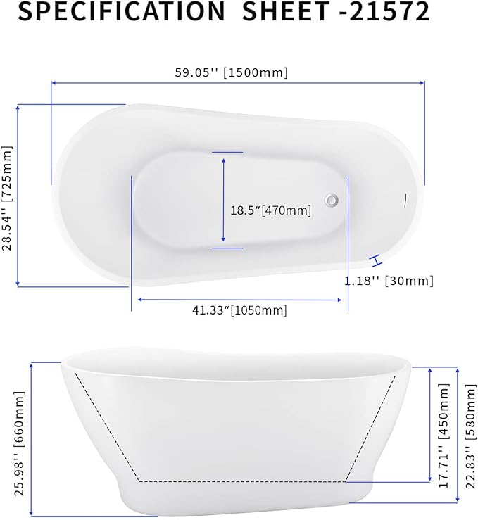 59" Acrylic Freestanding Bathtub, Elegant Skirted Free Standing Tub, Soaking Tub with Integrated Slotted Overflow, Toe-Tap Chrome Drain, cUPC Certified, Glossy White