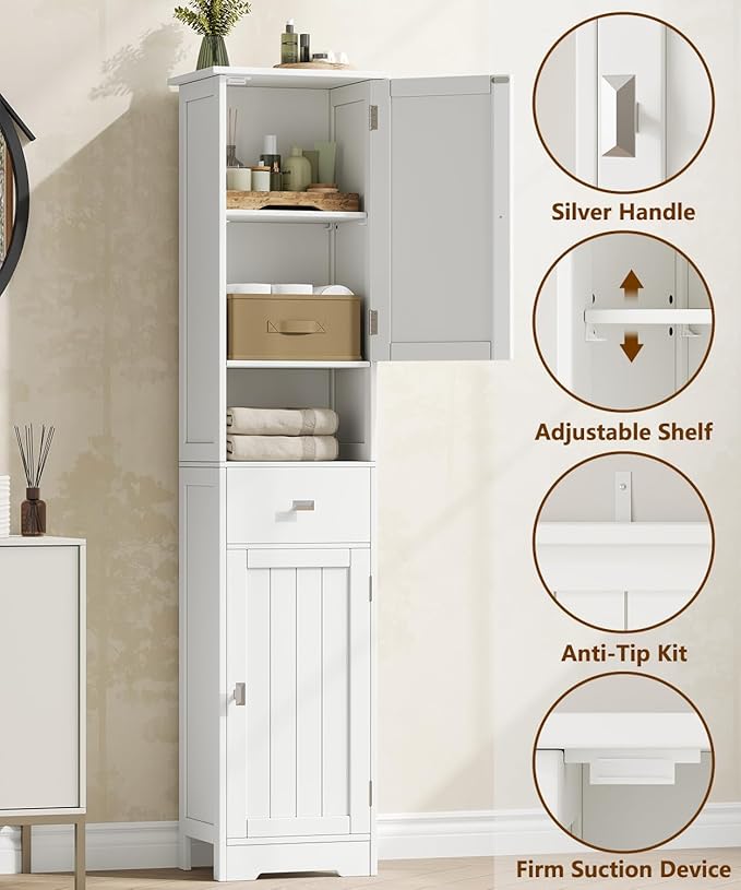 Akxoml Tall Bathroom Storage Cabinet with 2 Doors, 67" H Narrow Floor Cabinet with Adjustable Shelves and Drawer, Anti-Tip Design, 11.8 x 12.6 x 66.9 Inches, for Bathroom, Kitchen，Entryway, White