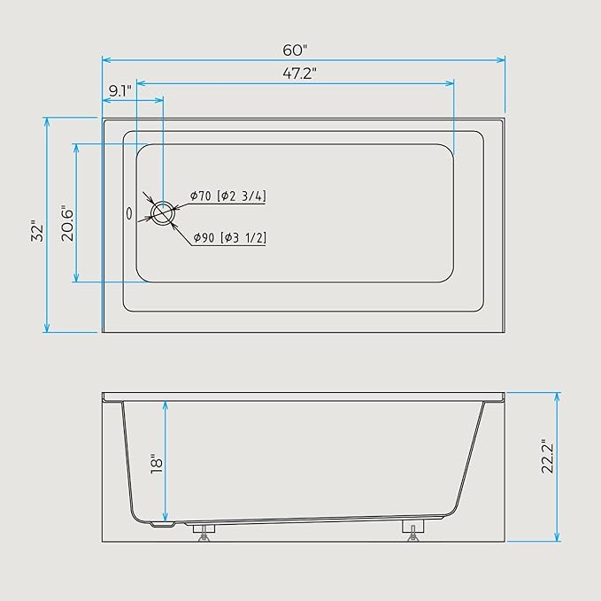 Acrylic Alcove Bathtub 60×32 Inch Drop-In Bathtubs– Left Hand Drain & Overflow, Single Skirt Drop-In Soaking Tub for Modern Bathroom Remodel, Durable Recessed Bathtubs Easy-Clean Design
