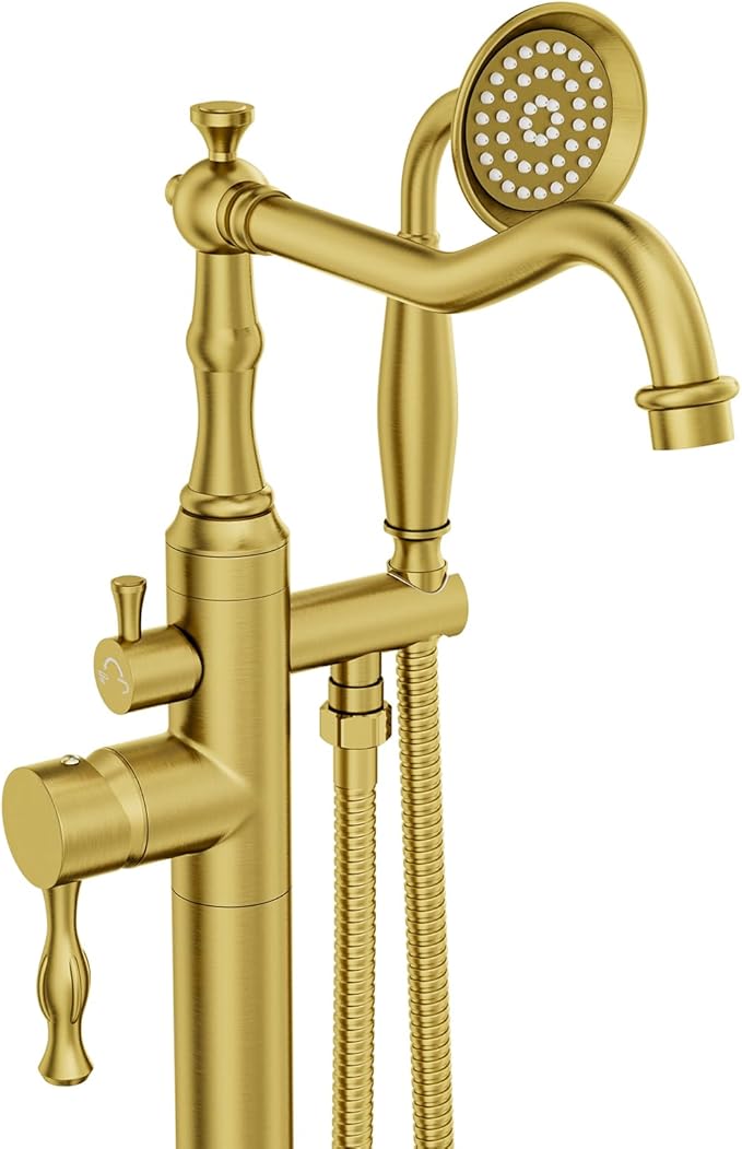 Brushed Gold Bathtub Faucet Freestanding Tub Filler High Pressure Single Handle Bathtub Filler Floor Mounted Brass Bathroom Tub Faucets with Handheld Shower