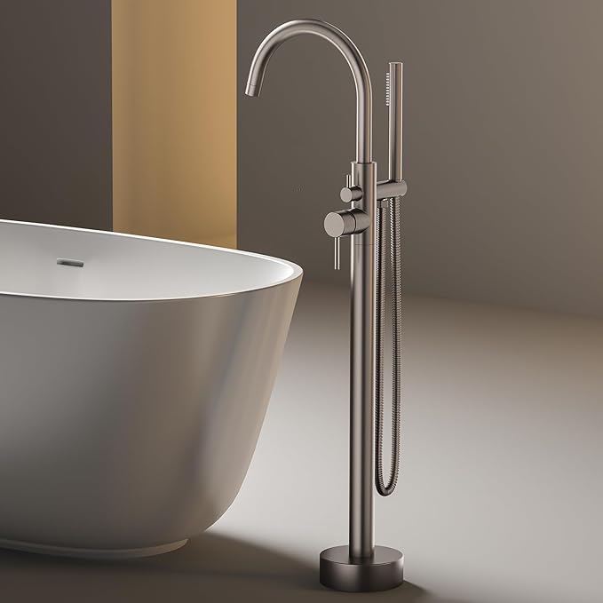 Freestanding Bathtub FaucetFloor Mount Bathtub Filler Shower Mixer Faucet with Handheld Shower Sprayer Swivel, Bottom Inlet，Grey