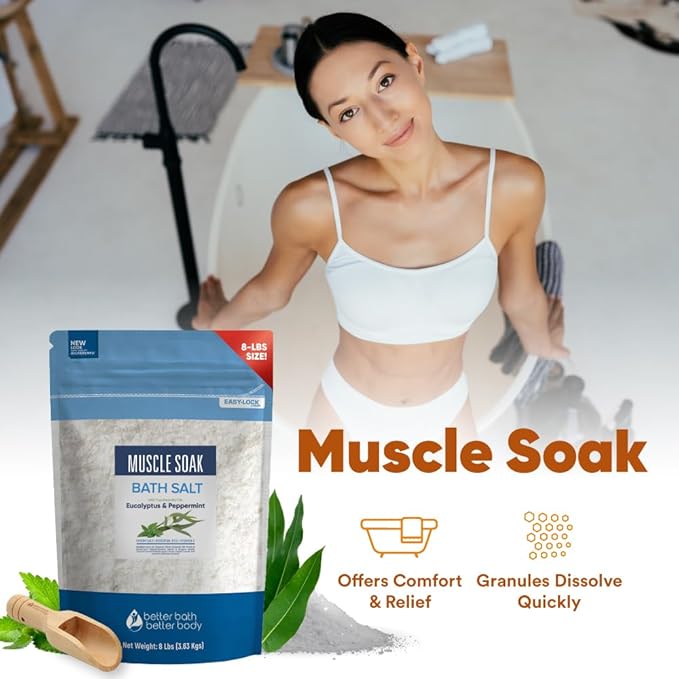 Muscle Soak Bath Salt 128 Ounces Epsom Salt with Natural Peppermint and Eucalyptus Essential Oils Plus Vitamin C in BPA Free Pouch with Easy Press-Lock Seal