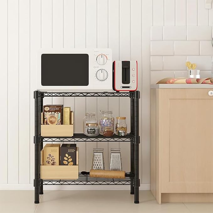 3 Tier Storage Racks Shelving, Heavy Steel Pantry Shelves, Adjustable Wire Shelving Rack, Suitable for Garage, Kitchen, Bathroom, Office, 24" W x 14" D x 34" H, Black