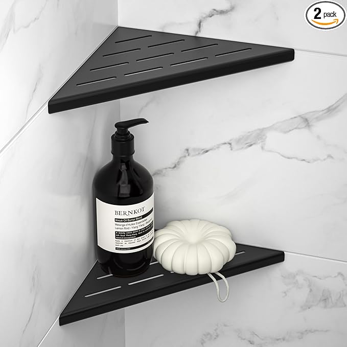 8'' Corner Shower Shelf 2PCS, 304 Stainless Steel Bathroom Shelves for Tiled Wall, Grout in Shelf Rack, No Drilling Needed (8'', Black)