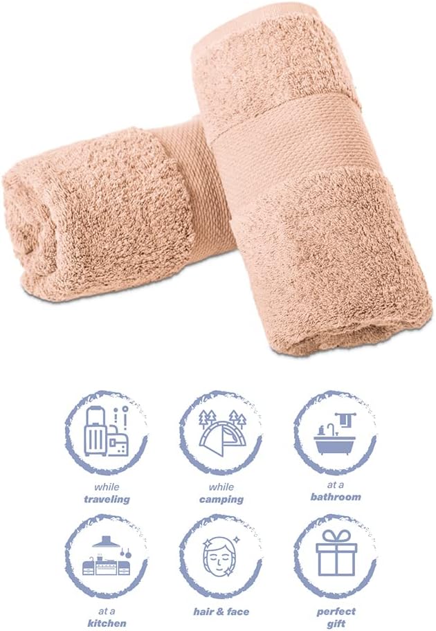 Hencely Luxury Hand Towel - Set of 2 (16x28 Inches) - Soft Turkish Cotton, Absorbent, Quick-Drying Face, Body, Kitchen, and Bathroom Towel (Hand Towels 2 Pack, Peach)