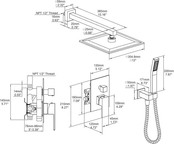 Rain Shower System 12 Inches Shower Combo Set Chrome Wall Mount Faucet Bathroom Faucets with Rainfall Shower Head and Hand Shower