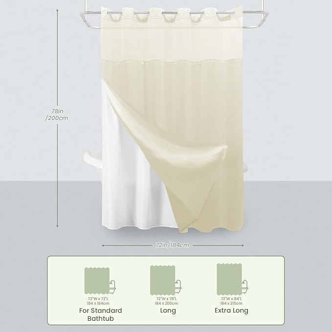 Inhousolu Long No Hook Shower Curtain with Snap in Fabric Liner Set Waffle Weave 230GSM Weighted Hem, Waterproof & Washable Bathroom Curtain Spa Luxury with Mesh Top Window 72" W x 78" L Ivory