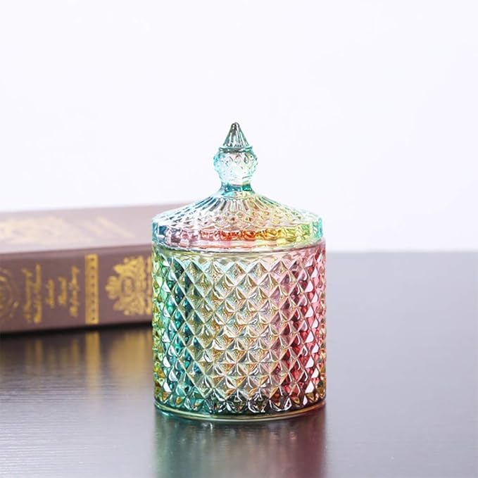 Colorful Home Decorative Jar Qtips Holder Dispenser Glass Storage Container Bathroom Counter Vanity Organizer for Bath Salts/Swabs/Rounds Makeup Sponges Toothpick Jewelry (Rainbow, 10 oz,