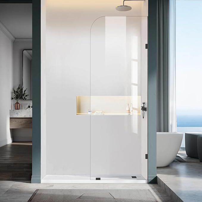 Bathroom Shower Door, 24" W ×78" H Fixed Shower Glass Panel with Clamps, 3/8" (10mm) Glass Shower Doors, Clear Tempered Frameless Shower Panel in Matte Black