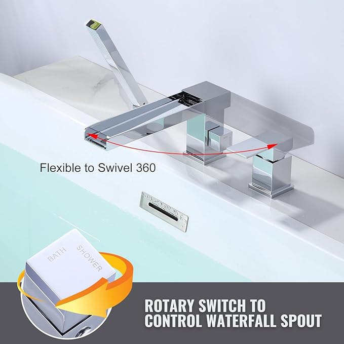 Waterfall Roman Tub Filler Faucet, Deck Mount Bathtub Filler with 360°Swivel Spout, 3 Holes Bathroom Tub Faucet with Sprayer, Chrome
