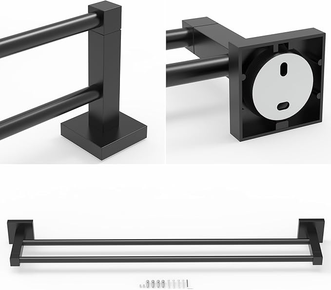 RUACQ Double Towel Bar, 24 Inch Bath Towel Rack for Bathroom, Square Base Hand Towel Holder, 304 Stainless Steel Towel Hanger Wall Mounted,Heavy Duty(Matte Black)